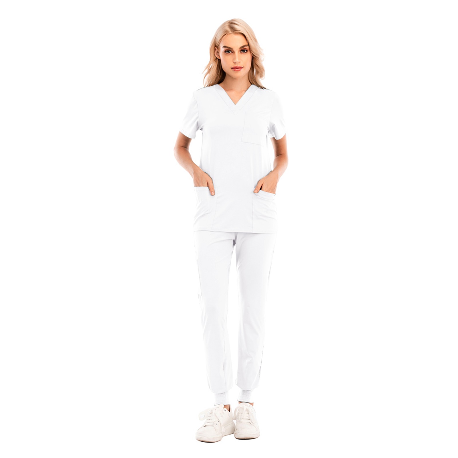 thumbnail image 1 of Conjunto de uniforme de enfermería de 2 piezas para mujer: top de manga corta con cuello en V + pantalones, poliéster, con bolsillo, verde/morado/blanco, tallas S-XXL, tallas asiáticas, 1 of 8